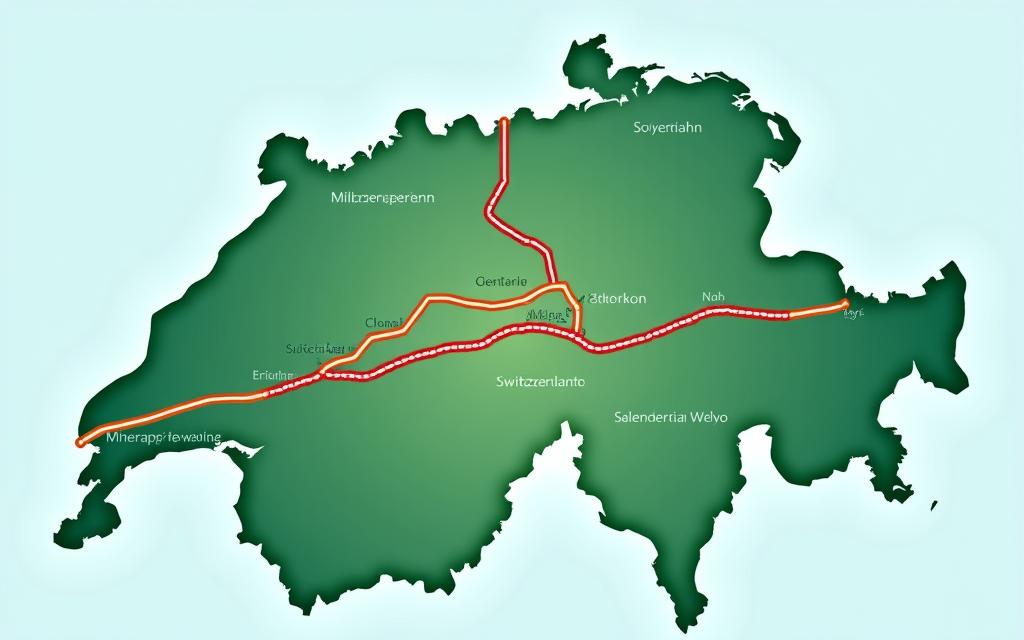 Eine stilisierte Karte des Schweizer Autobahnnetzes, die die wichtigsten vignettenpflichtigen Strecken hervorhebt.