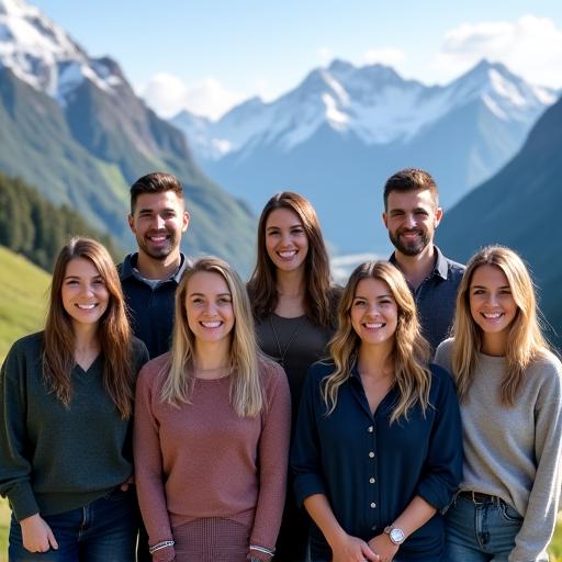 Das Team von Swiss Travel Hub vor einer malerischen Schweizer Bergkulisse.
